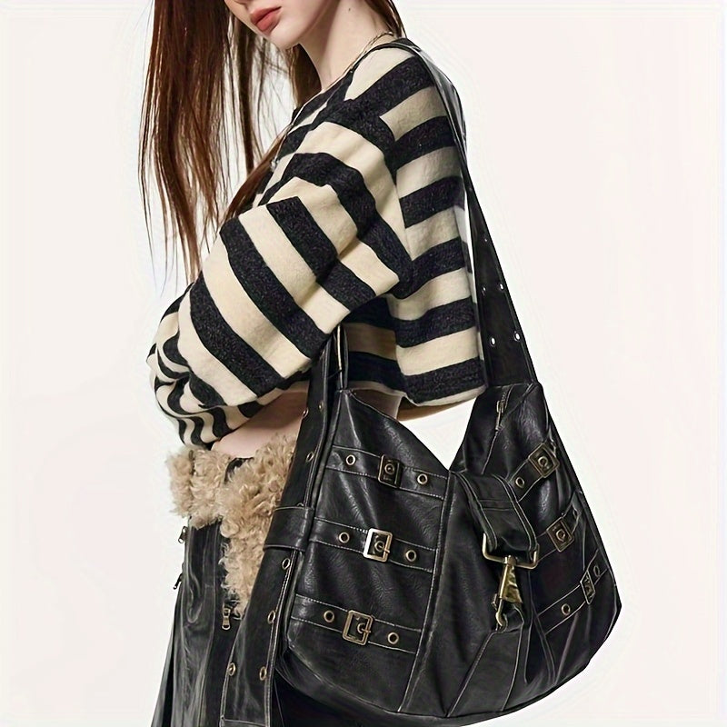 Steampunk Accessory| Stylish Black Punk-Style Crossbody Bag with Eyelet Belt