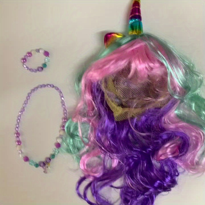 Pretty Unicorn Wig Necklace Bracelet Set Halloween Christmas New Year Birthday gift Cosplay Role Play Girl Styling Play set
