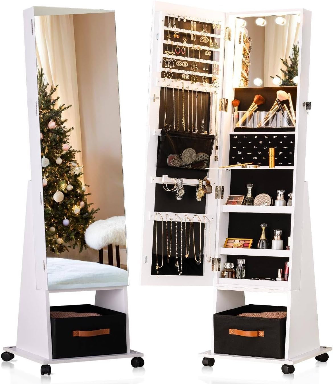 8 Leds Rotating Jewelry Armoire with Mirror, 66" Full Length Mirror with Jewelry Storage, Lockable Standing Mirror Jewelry Cabinet with 4 Wheels, 3 Color Modes Jewelry Organizer Mirror