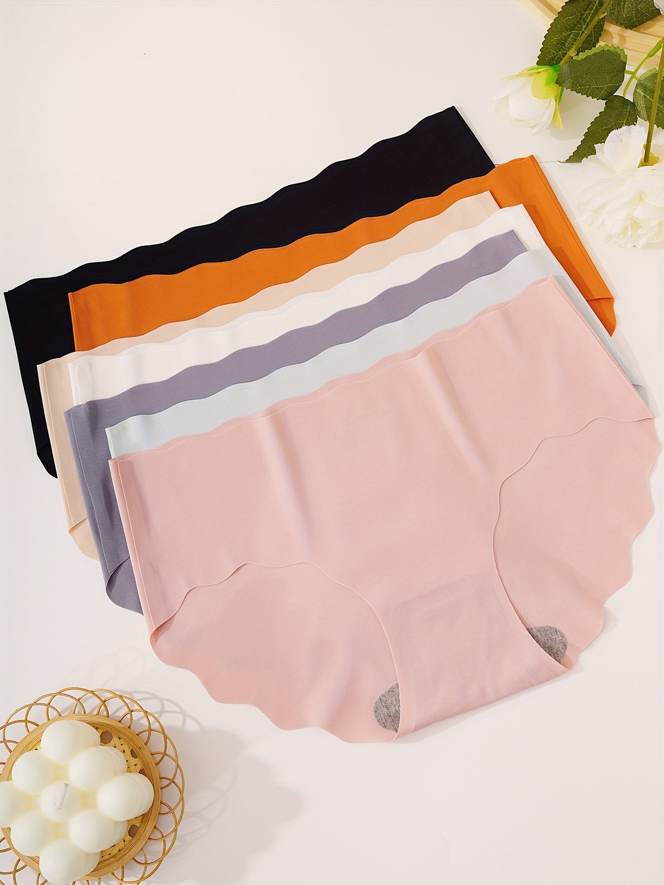 7pcs Seamless Scallop Trim Briefs, Comfy & Breathable Simple Solid Panties, Women's Lingerie & Underwear