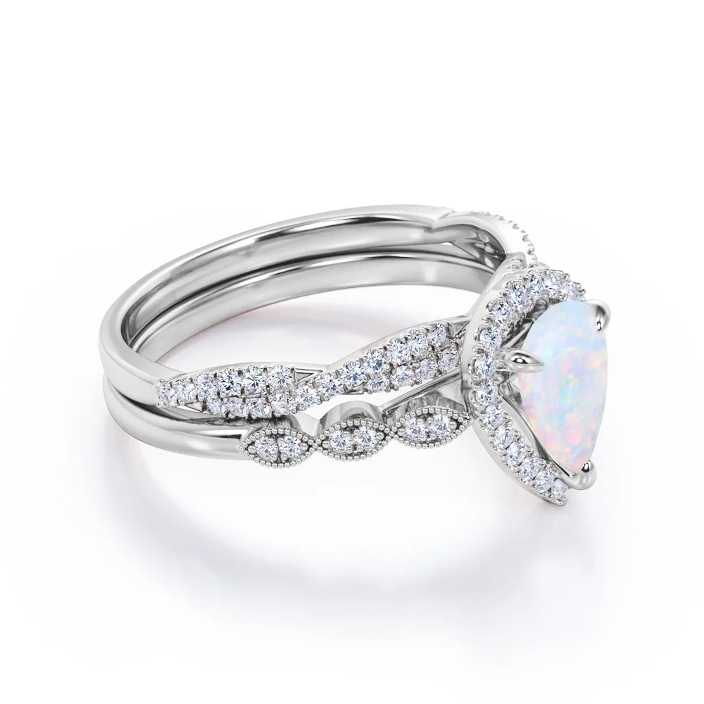 1.5 Carat Pear Cut Lab Created Opal and Moissanite Vintage Engagement Ring - Halo Pave Bridal Set in 18K White Gold over Silver