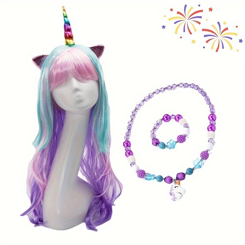 Pretty Unicorn Wig Necklace Bracelet Set Halloween Christmas New Year Birthday gift Cosplay Role Play Girl Styling Play set