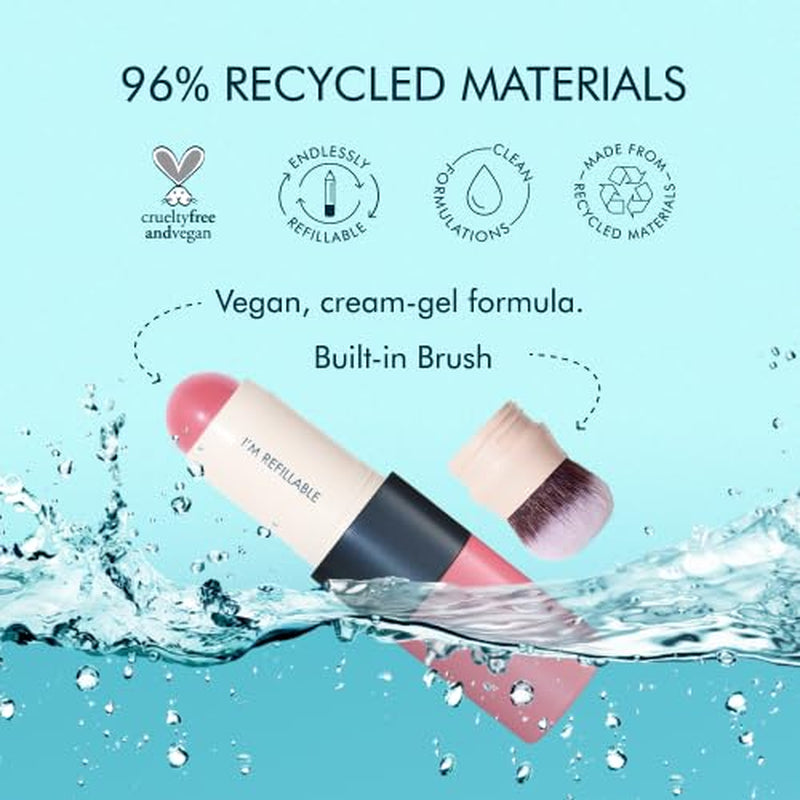 Trestique Blush Stick, Vegan Blush Stick with Built-In Brush, Pink Blush Makeup for Women, Rose Makeup, 2-In-1 Creamy