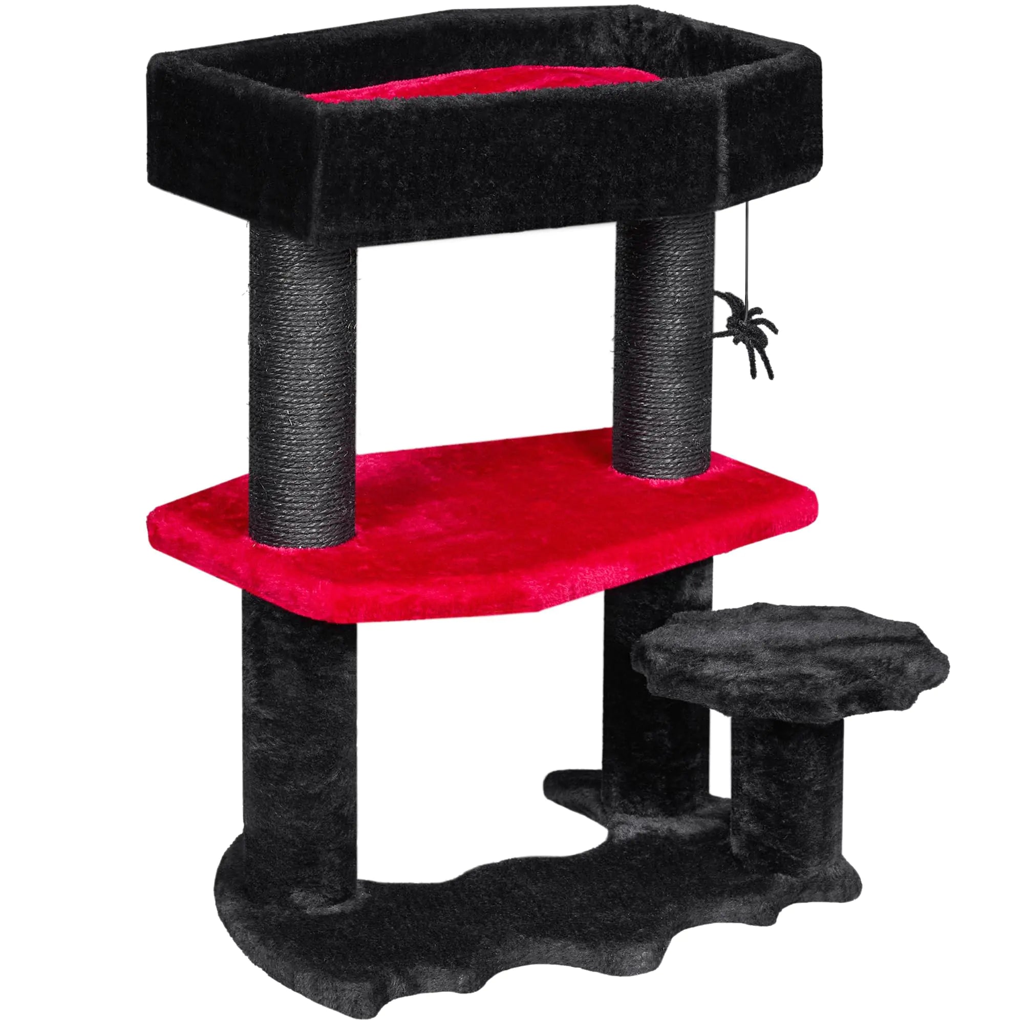 BEWISHOME Gothic Cat Tree with Coffin Cat Bed Goth Cat Tower Coffin Cat Tree with Scratching Post Spider Hanging Ball Halloween Black Red Pet Furniture MMJ94R