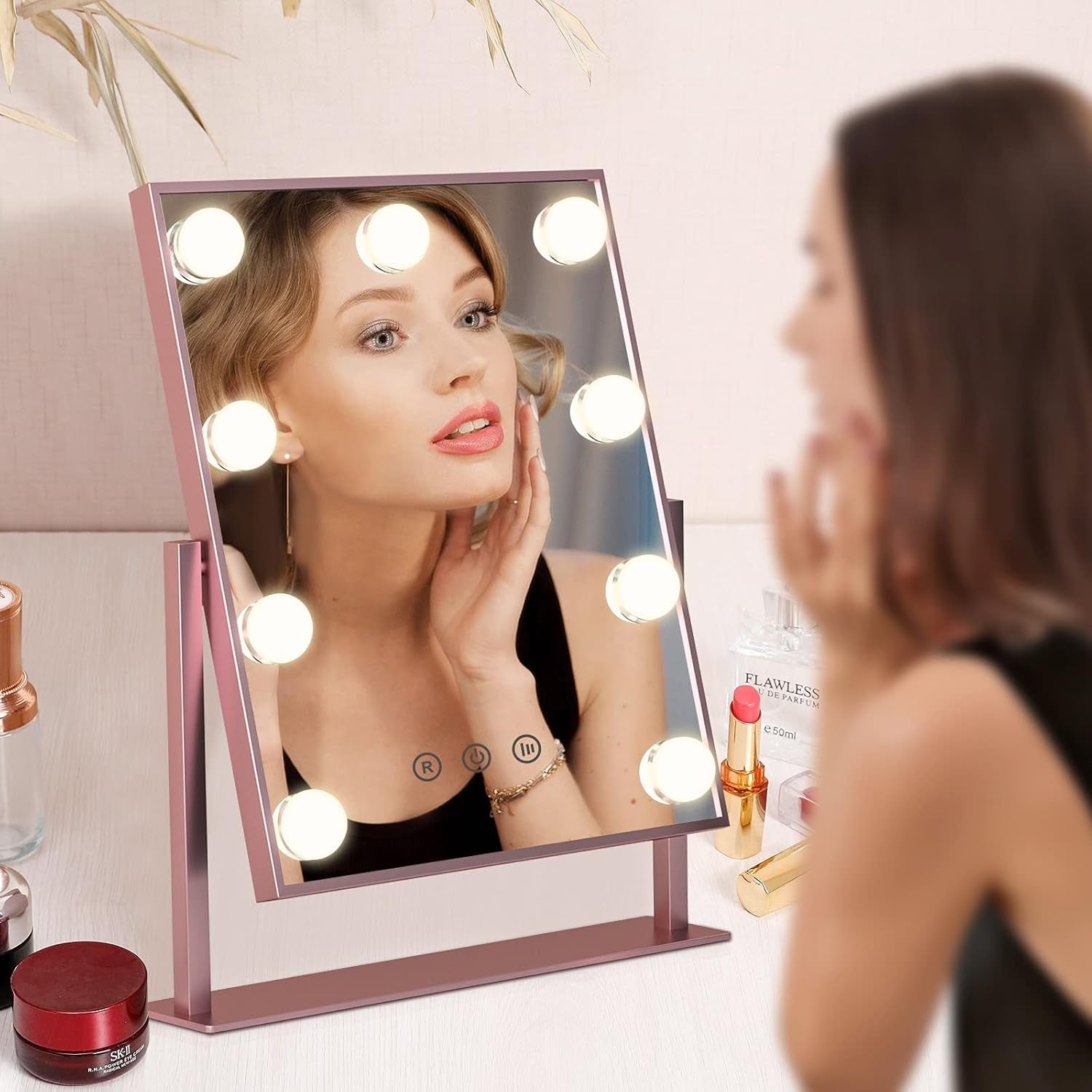 Hollywood Vanity Makeup Mirror with Lights, Lighted Mirror with 9 LED Bulbs, Dimmable 3 Color Lighting Modes, 360°Rotation Touch Control Cosmetic Beauty Mirror Desk Tabletop ( Rose Gold) 9.8" X 14"