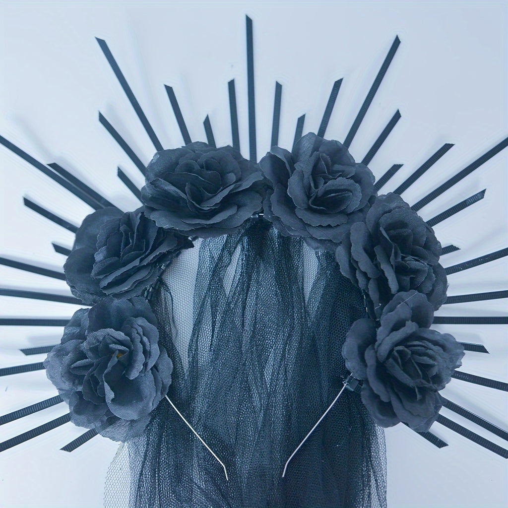 Halloween Goddess Crown Headband with Veil - Gothic Party Accessory, Non-Feathered Plastic Cosplay Hair Hoop