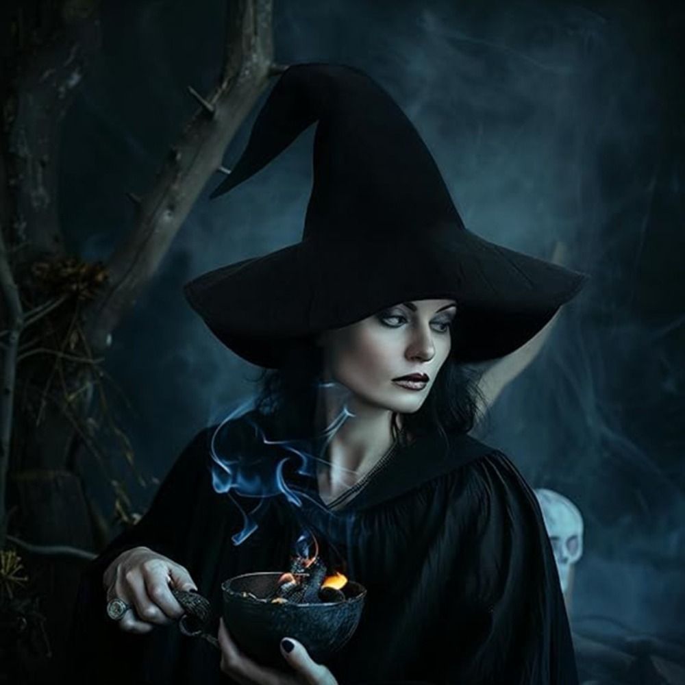 Large Black Witch Hat for Women - Satin Fabric, Ruched Design, Perfect for Halloween & Cosplay Parties