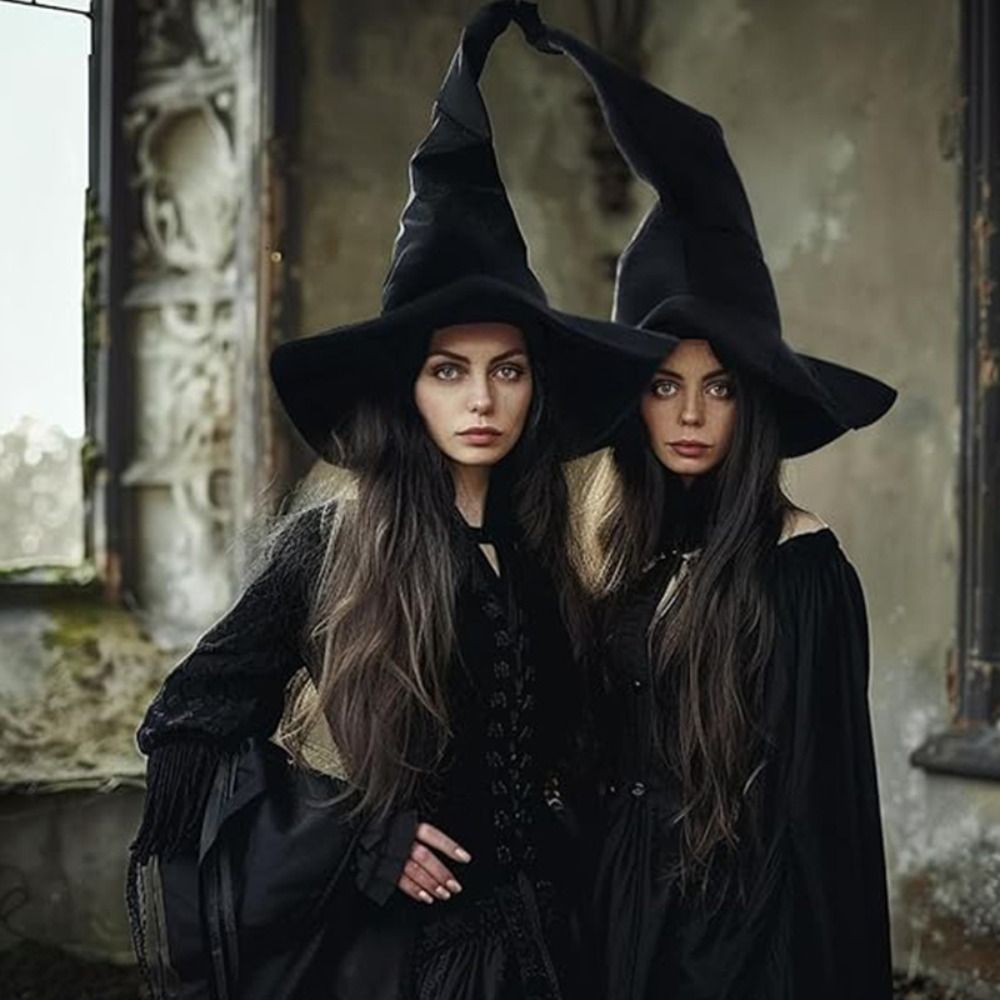 Large Black Witch Hat for Women - Satin Fabric, Ruched Design, Perfect for Halloween & Cosplay Parties