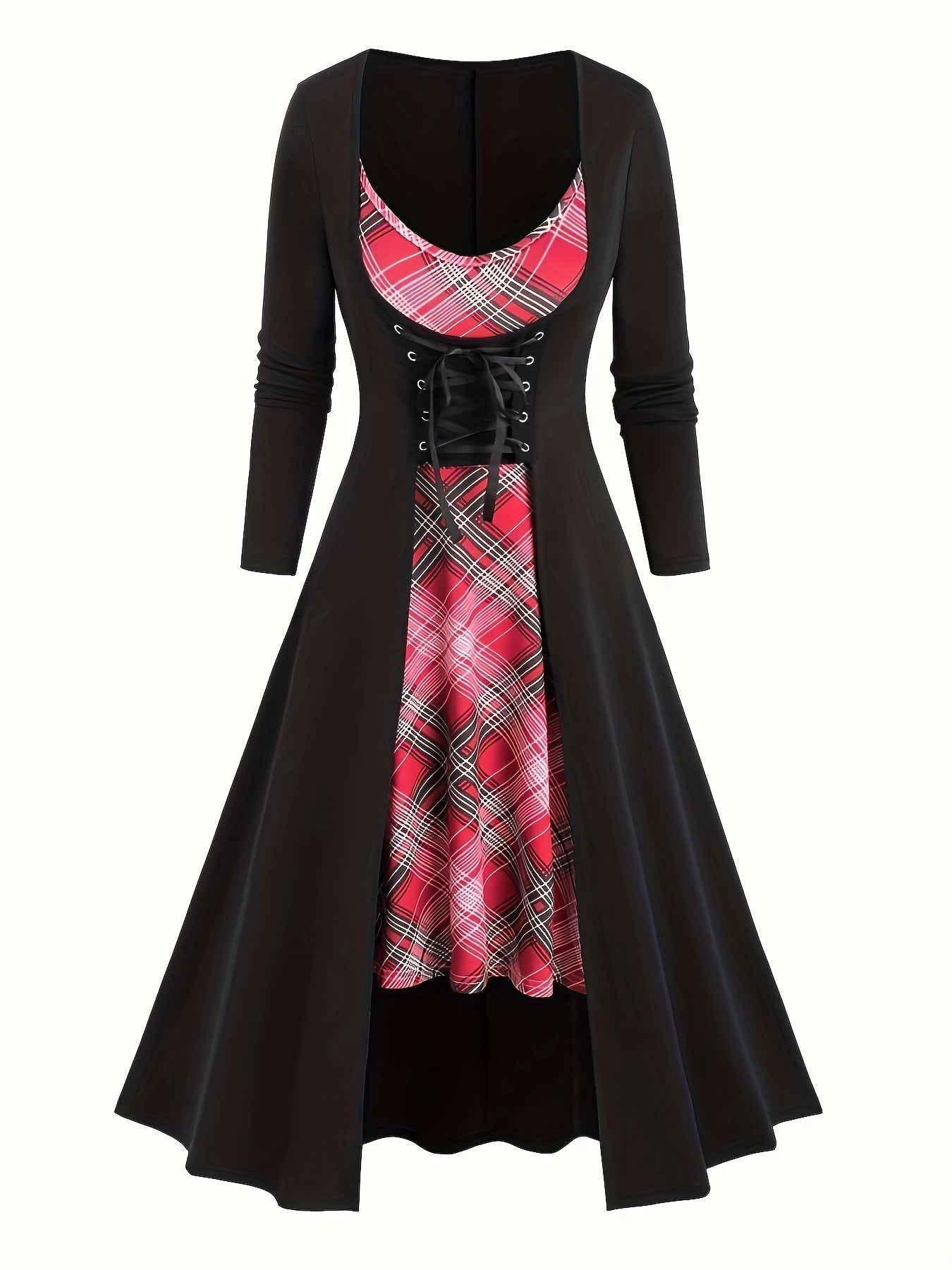 Two-piece Set, Vintage Plaid Pattern, Spaghetti Strap Dress & Long Sleeve Tunic