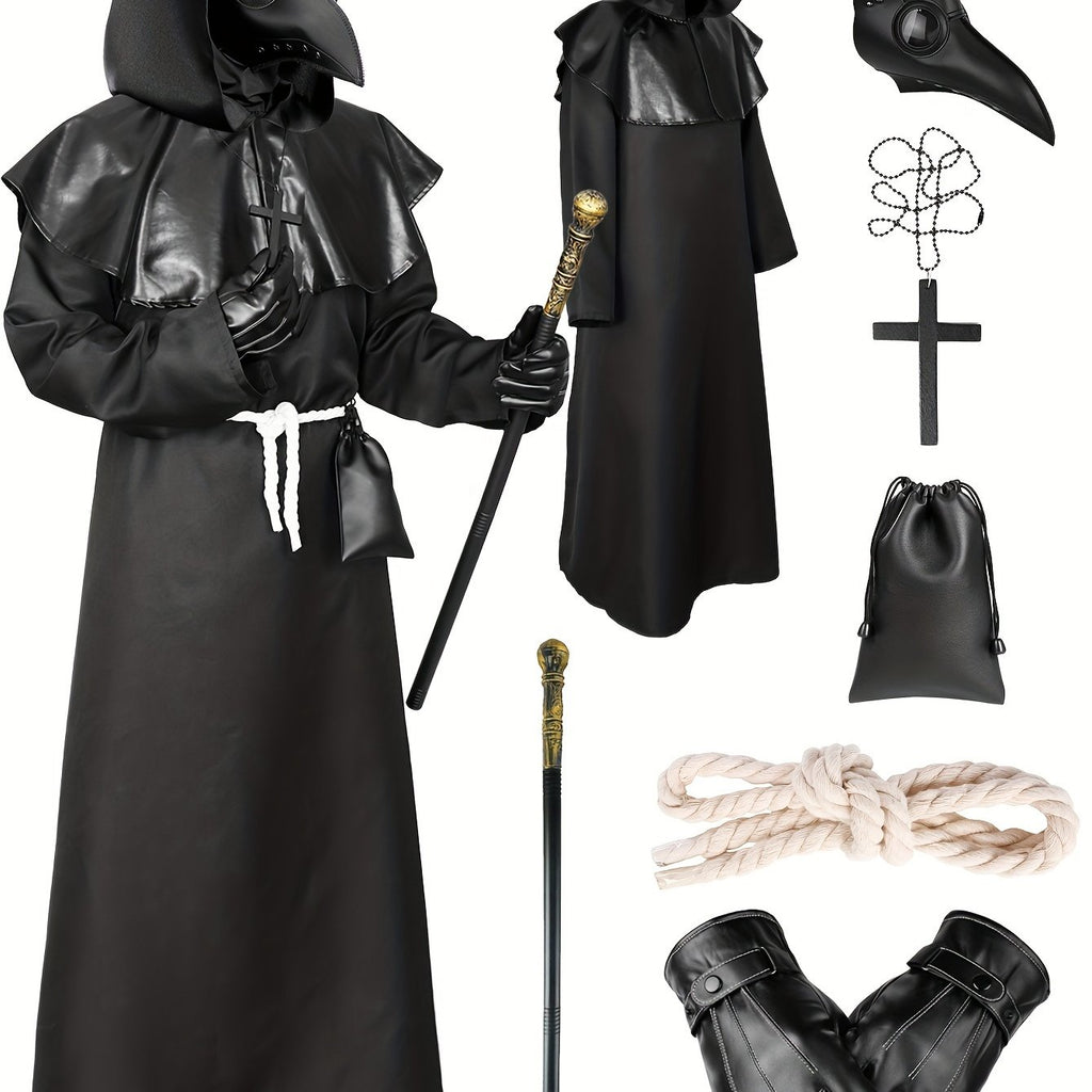 Men's Halloween Black Mask Cosplay Set, Leather Mask + Leather Gloves + Pu Bunch Mouth Strap + Ancient Golden Scepter + Leather Hood + Black Bodysuit + Black Cross + White Hemp Rope, Novelty Costume