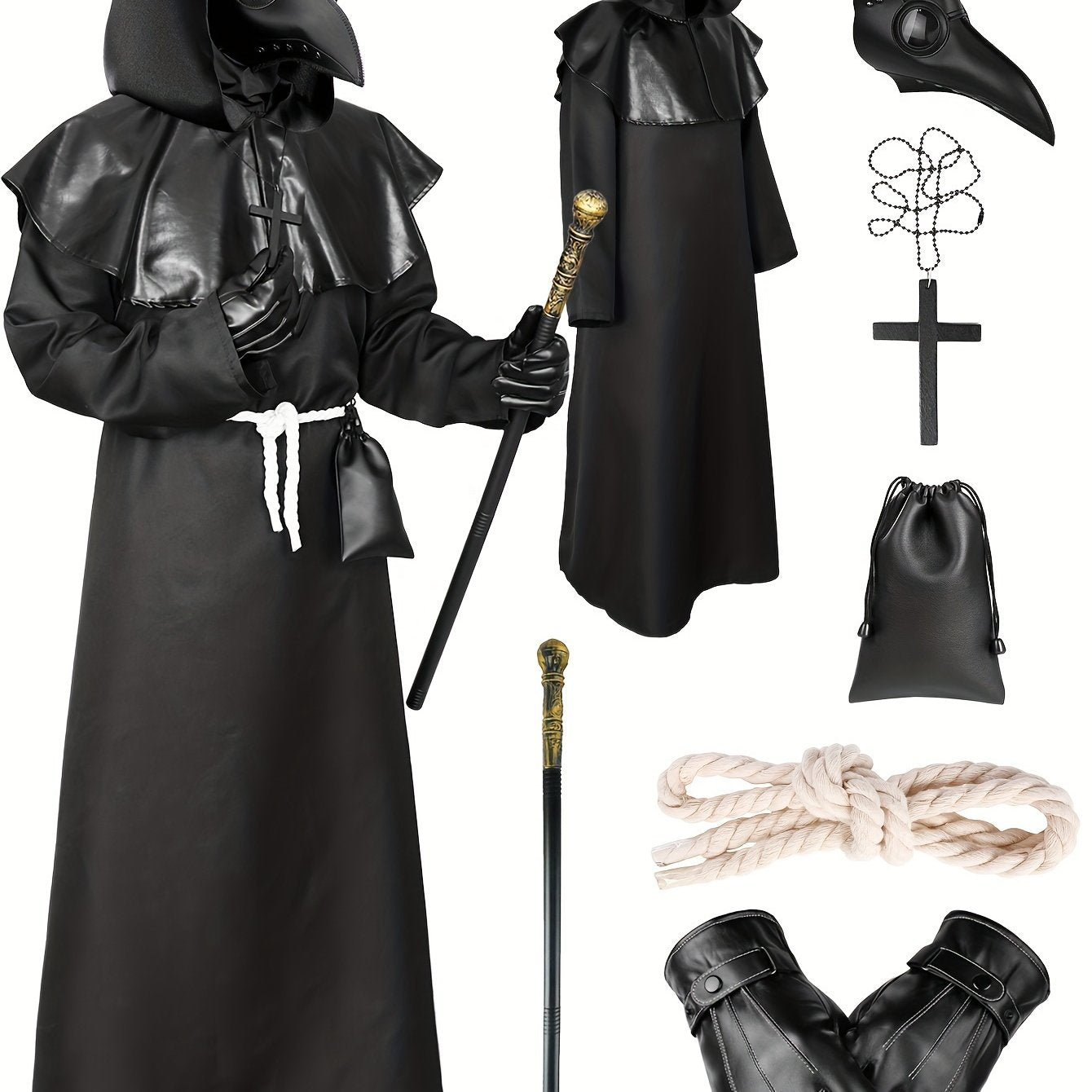 Men's Halloween Black Mask Cosplay Set, Leather Mask + Leather Gloves + Pu Bunch Mouth Strap + Ancient Golden Scepter + Leather Hood + Black Bodysuit + Black Cross + White Hemp Rope, Novelty Costume