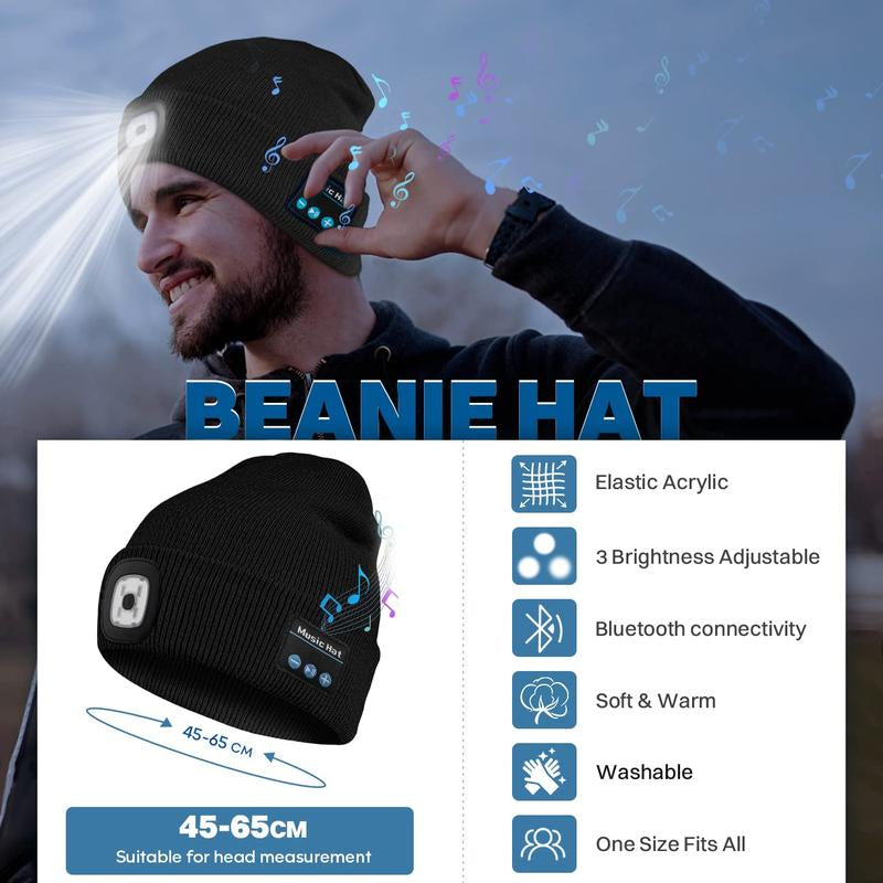 Bluetooth Beanie with Flashlight, USB Rechargeable LED Hat with Cordless Headphones, Unisex Winter Hat, Christmas & Birthday Gifts for Men, Husband, Teen, Hands-Free Lighting, Sports Mucis Headband, Bluetooth Headband, Perfect Christmas Gift