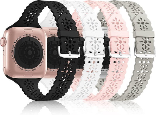 4 Pack Lace Silicone Bands Compatible with Apple Watch Band 38Mm 40Mm 41Mm 42Mm 44Mm 45Mm 46Mm 49Mm, Women Slim Thin Hollow-Out Wristband for Iwatch Series 10 9 Ultra 8 SE 7 6 5 4 3 2 1
