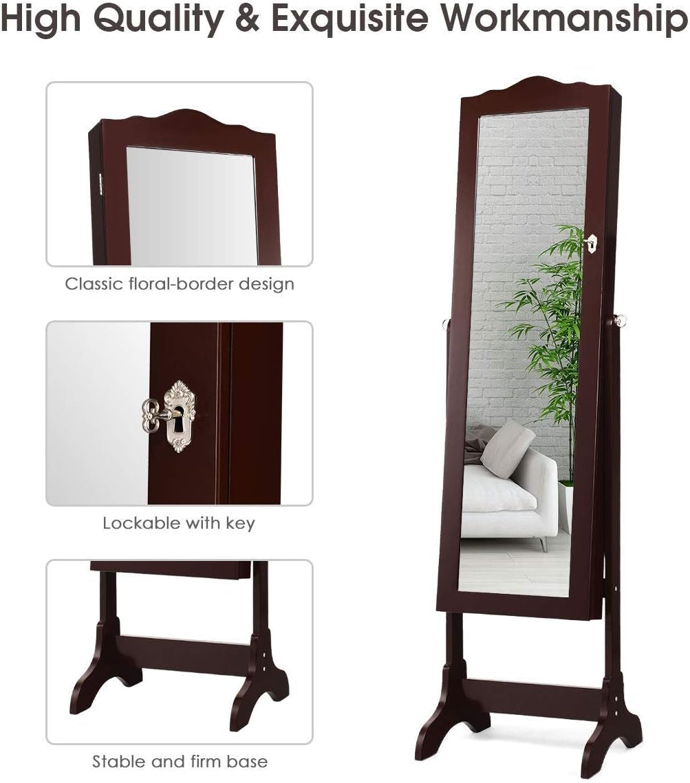 Jewelry Armoire Organizer with Full Length Mirror, 14 Leds Floor Standing Jewelry Cabinet with 2 Drawers, 4 Adjustable Angles, Lockable Jewelry Storage Box Cabinet (Brown)