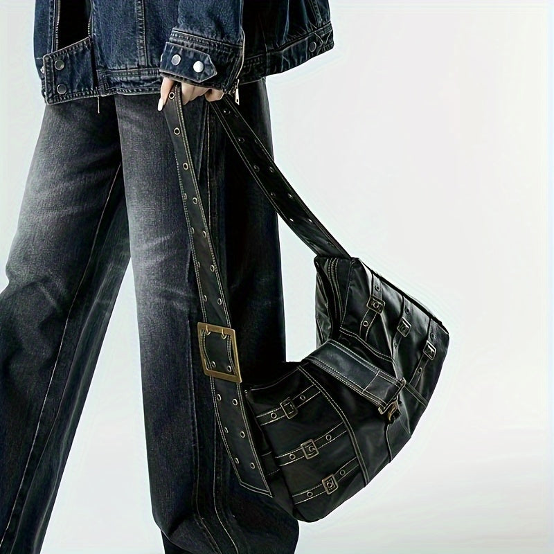 Steampunk Accessory| Stylish Black Punk-Style Crossbody Bag with Eyelet Belt