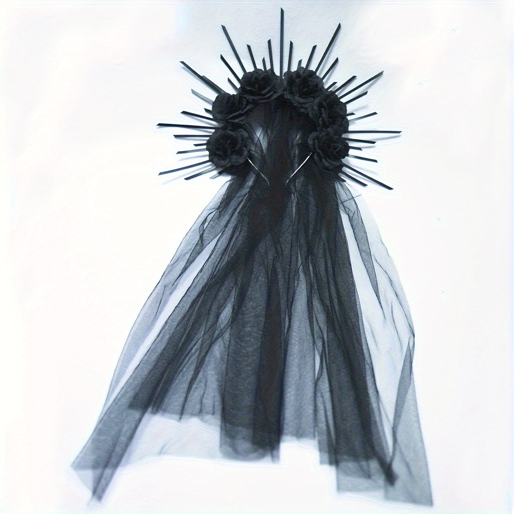 Halloween Goddess Crown Headband with Veil - Gothic Party Accessory, Non-Feathered Plastic Cosplay Hair Hoop