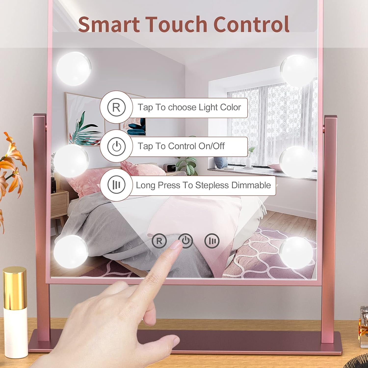 Hollywood Vanity Makeup Mirror with Lights, Lighted Mirror with 9 LED Bulbs, Dimmable 3 Color Lighting Modes, 360°Rotation Touch Control Cosmetic Beauty Mirror Desk Tabletop ( Rose Gold) 9.8" X 14"