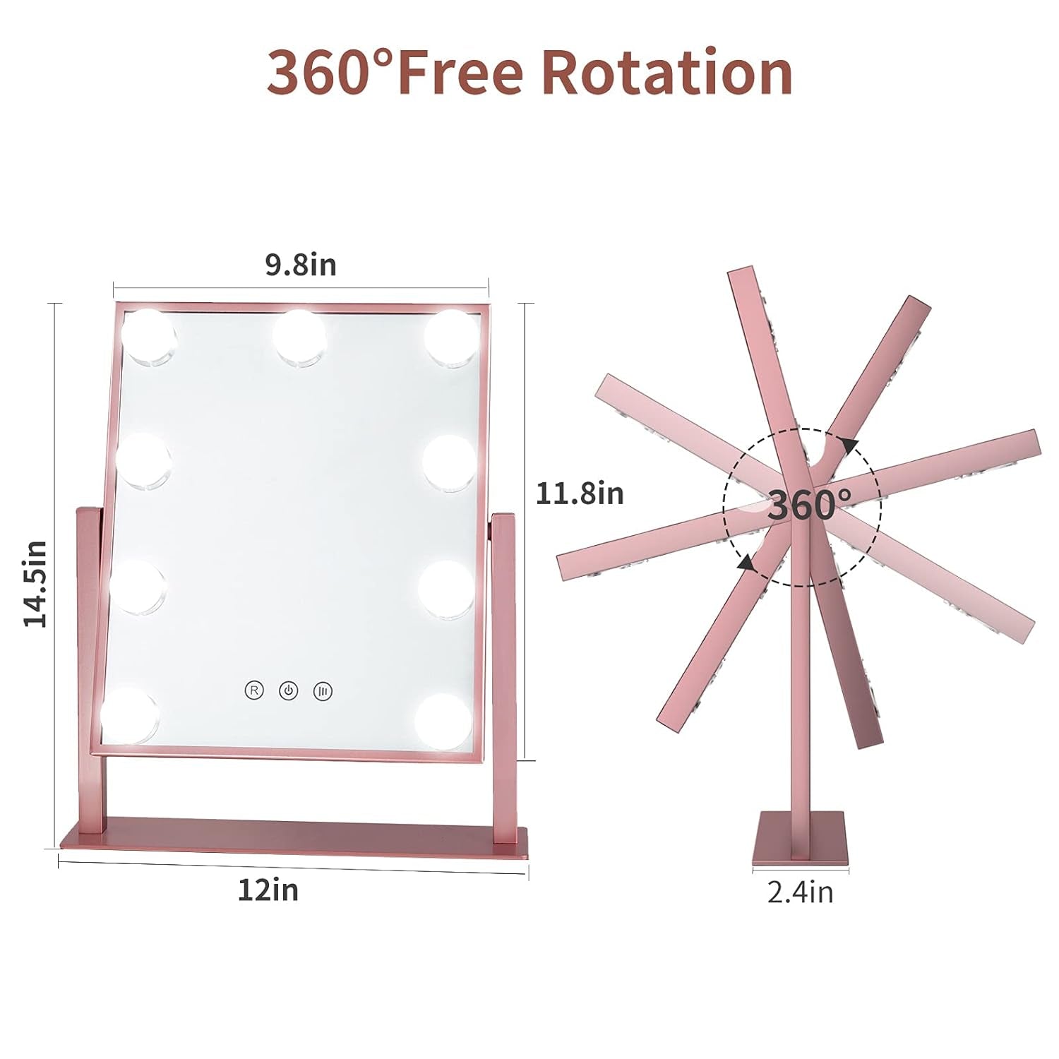 Hollywood Vanity Makeup Mirror with Lights, Lighted Mirror with 9 LED Bulbs, Dimmable 3 Color Lighting Modes, 360°Rotation Touch Control Cosmetic Beauty Mirror Desk Tabletop ( Rose Gold) 9.8" X 14"