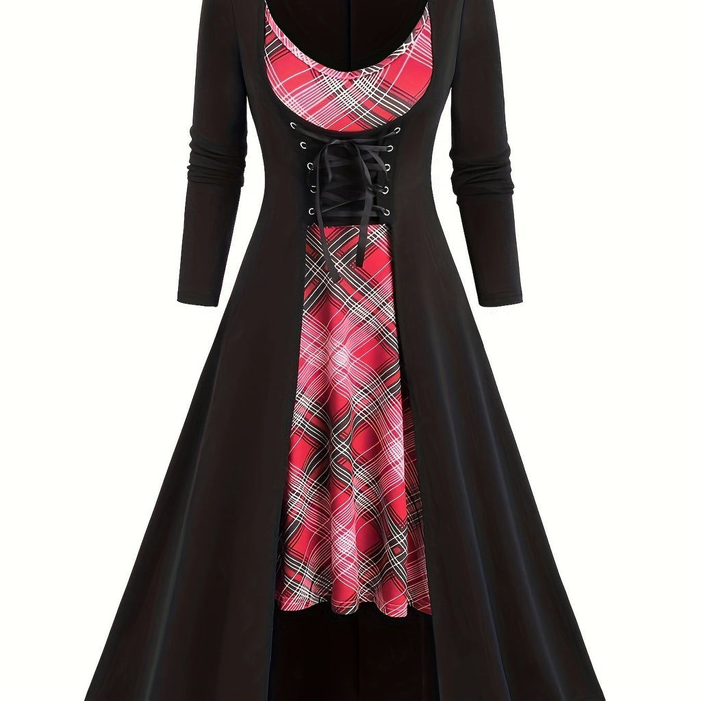 Two-piece Set, Vintage Plaid Pattern, Spaghetti Strap Dress & Long Sleeve Tunic