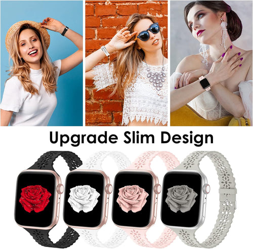 4 Pack Lace Silicone Bands Compatible with Apple Watch Band 38Mm 40Mm 41Mm 42Mm 44Mm 45Mm 46Mm 49Mm, Women Slim Thin Hollow-Out Wristband for Iwatch Series 10 9 Ultra 8 SE 7 6 5 4 3 2 1