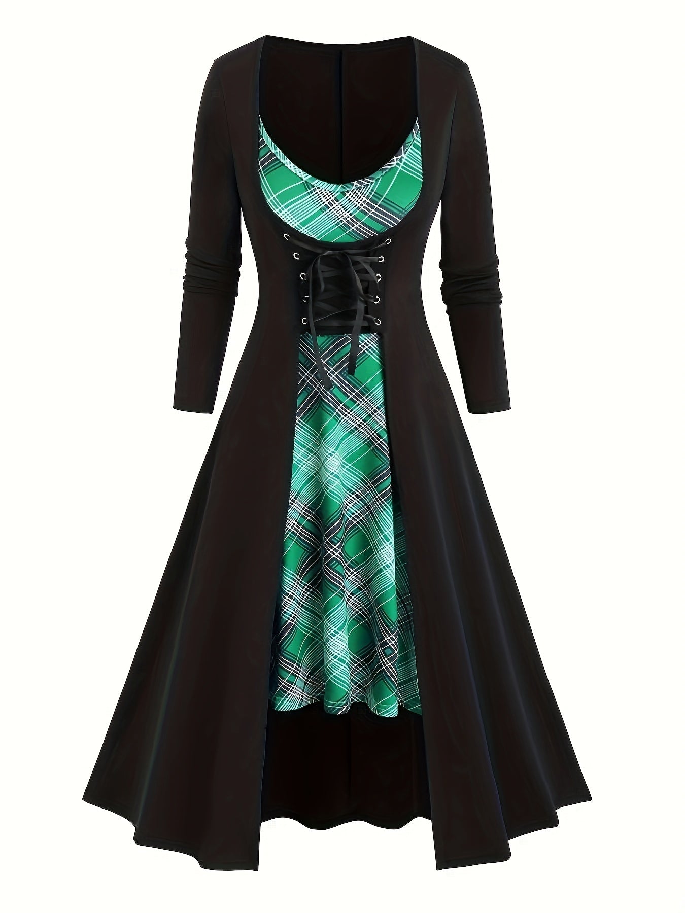 Two-piece Set, Vintage Plaid Pattern, Spaghetti Strap Dress & Long Sleeve Tunic