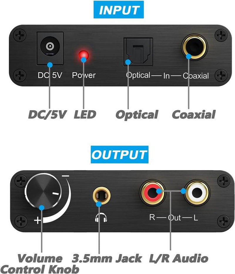 Esynic 192KHZ Optical to RCA Converter - Adjustable Volume Digital to Analog Audio Adapter for PS3, PS4, DVD, HDTV & More