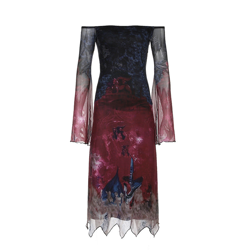 Dark Goth Style Retro Multicolor Printing Irregular Mesh Long Dress