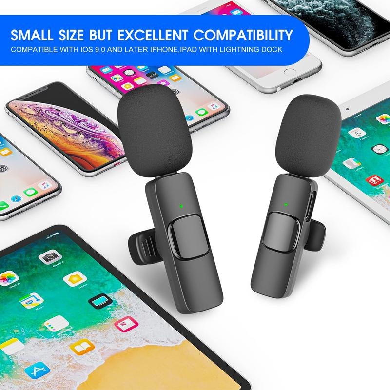 2024 2 Pack Wireless Lavalier Microphone for Iphone Ipad, Lapel Mics Plug-Play 2.4G Ultra-Low Delay Built-In Noise Reduction Chip for Video Recording Interview Podcast Vlog