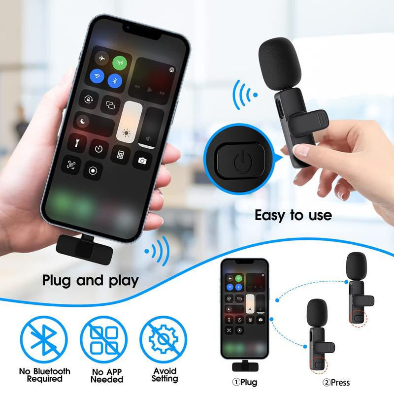 2024 2 Pack Wireless Lavalier Microphone for Iphone Ipad, Lapel Mics Plug-Play 2.4G Ultra-Low Delay Built-In Noise Reduction Chip for Video Recording Interview Podcast Vlog