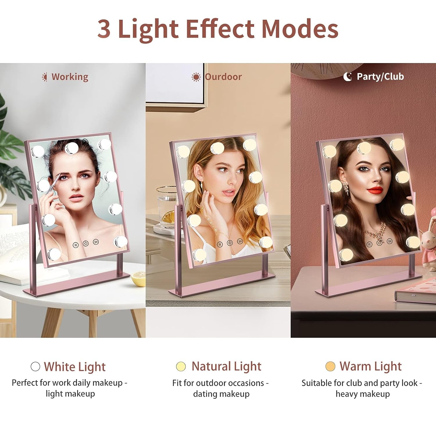 Hollywood Vanity Makeup Mirror with Lights, Lighted Mirror with 9 LED Bulbs, Dimmable 3 Color Lighting Modes, 360°Rotation Touch Control Cosmetic Beauty Mirror Desk Tabletop ( Rose Gold) 9.8" X 14"