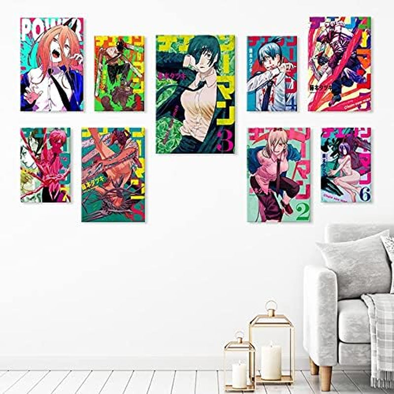 9 Pcs Chainsaw Man Poster Chapter Cover Wall Japan Anime Poster Artwork Painting Wall Art Print for Home Decor Living Room Bedroom Fans Gift (Anime,8X10Inchx9Pcs Unframed)