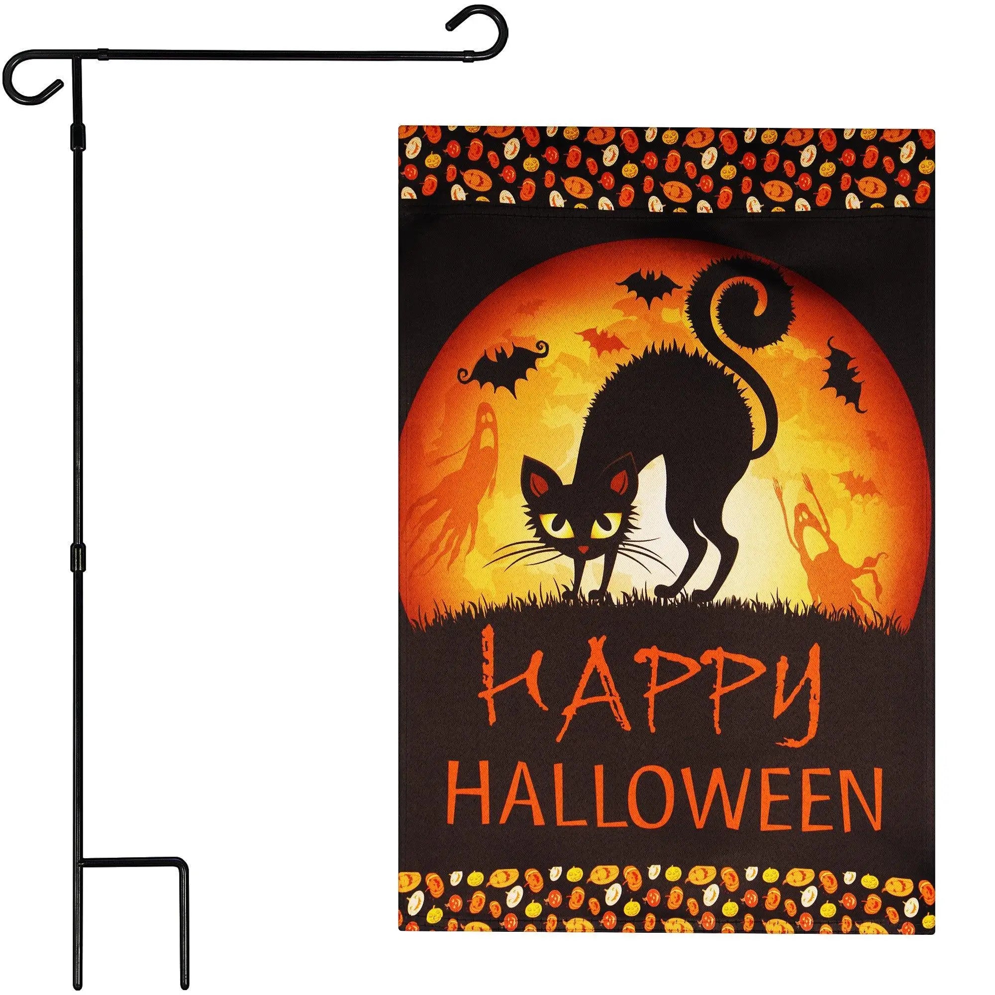 Garden Flag Stand Black 36 in x 16 in & Garden Flag Halloween Decoration Black Cat and Ghosts 12"x18" Double