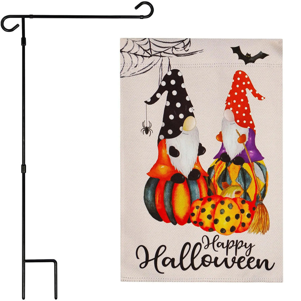 Garden Flag Stand Black 36 in x 16 in & Garden Flag Happy Halloween Decoration Two Witchy Gnomes 12"x18" Dou