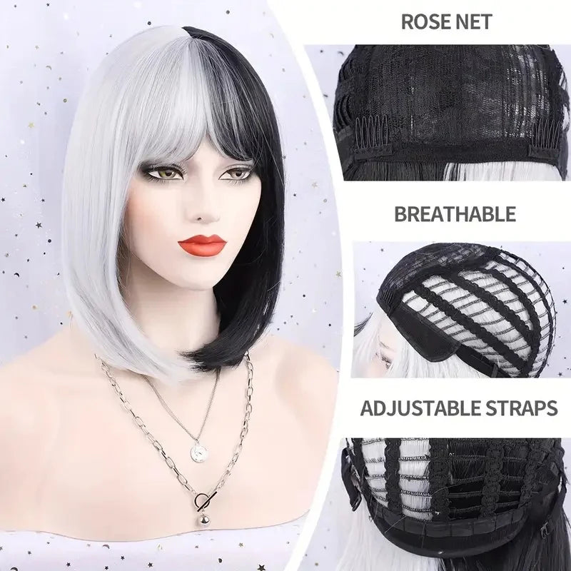 Two-Color Short Straight Synthetic Hair Wig With Bangs Heat Resistant Black and White Bob Wigs for Women Cosplay Daily Party Use