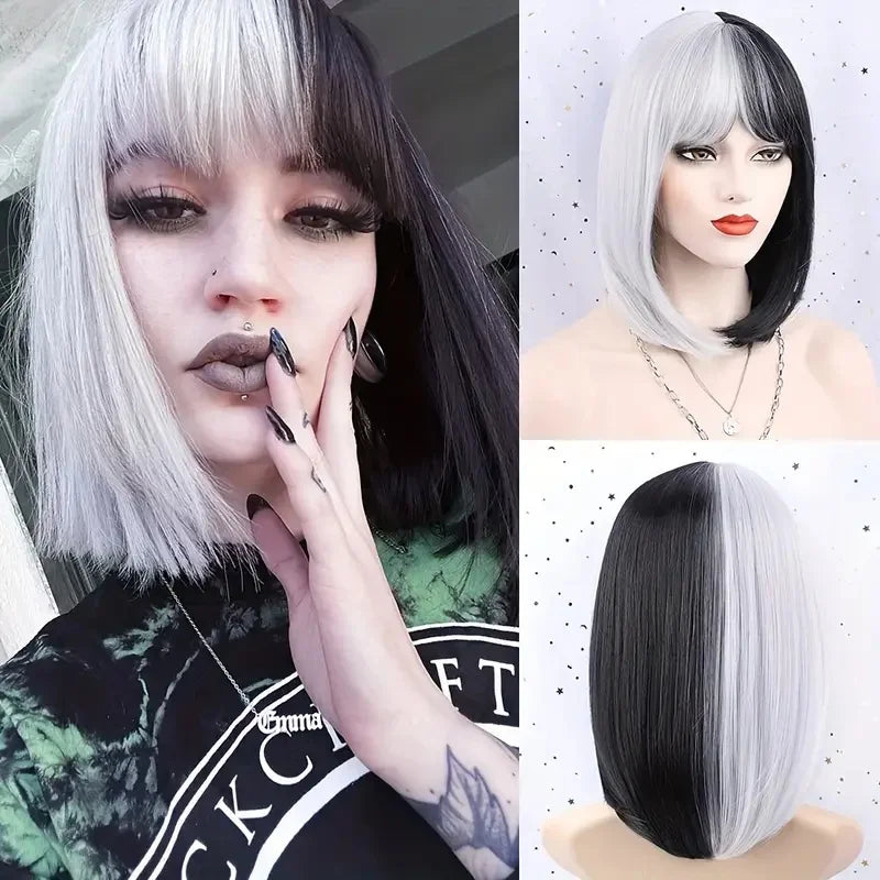 Two-Color Short Straight Synthetic Hair Wig With Bangs Heat Resistant Black and White Bob Wigs for Women Cosplay Daily Party Use