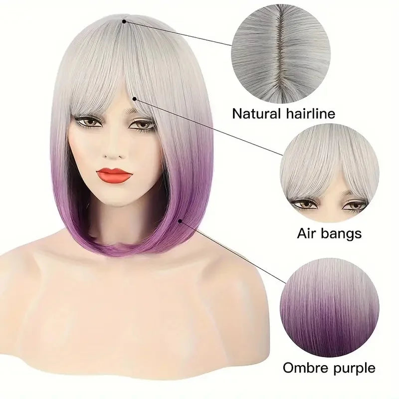 Two-Color Short Straight Synthetic Hair Wig With Bangs Heat Resistant Black and White Bob Wigs for Women Cosplay Daily Party Use