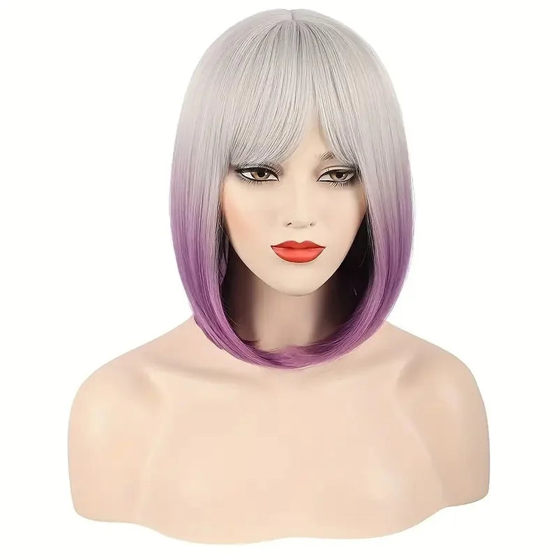 Two-Color Short Straight Synthetic Hair Wig With Bangs Heat Resistant Black and White Bob Wigs for Women Cosplay Daily Party Use
