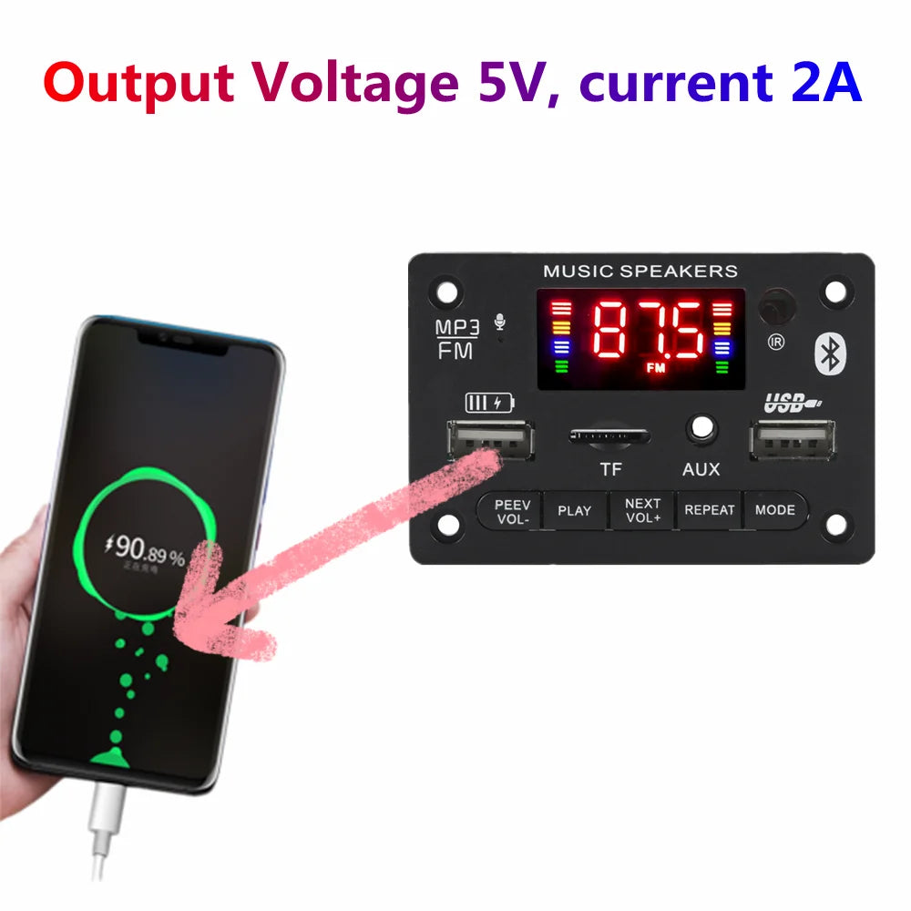 6V 12V Bluetooth 5.0 MP3 Decoding Board Module Wireless Car USB MP3 Player TF Card Slot USB FM with Microphone Handsfree control