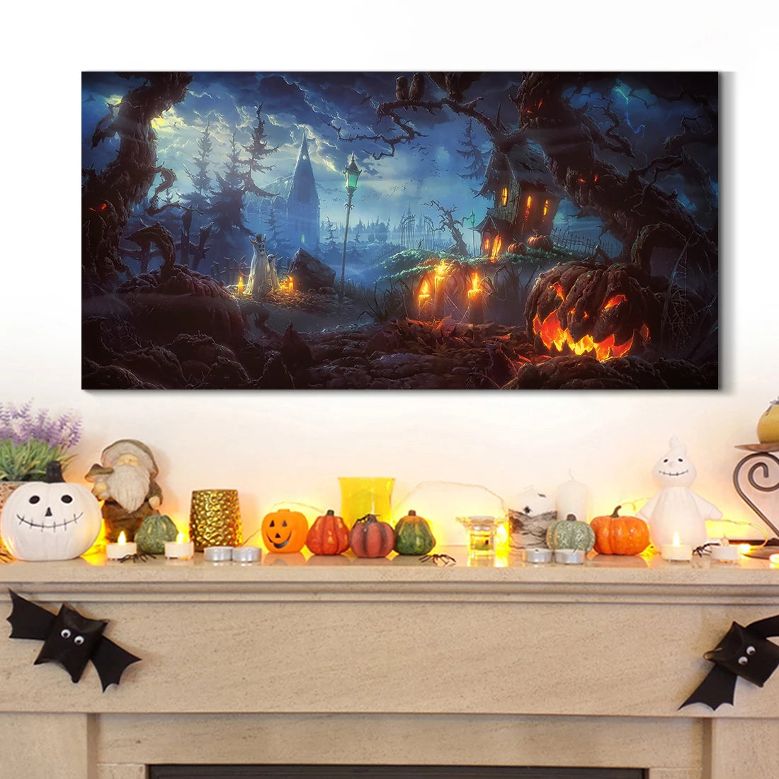 Dark Halloween Landscape Art: Haunted Graveyard Canvas Print Wall Art Bold Decor for Halloween Home Holiday Product