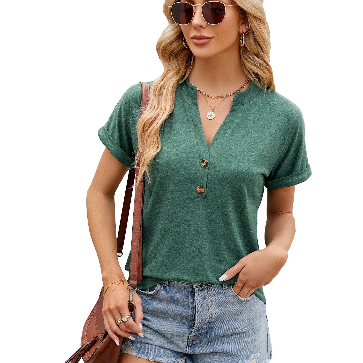Elegant Button V Neck Short Sleeve Top