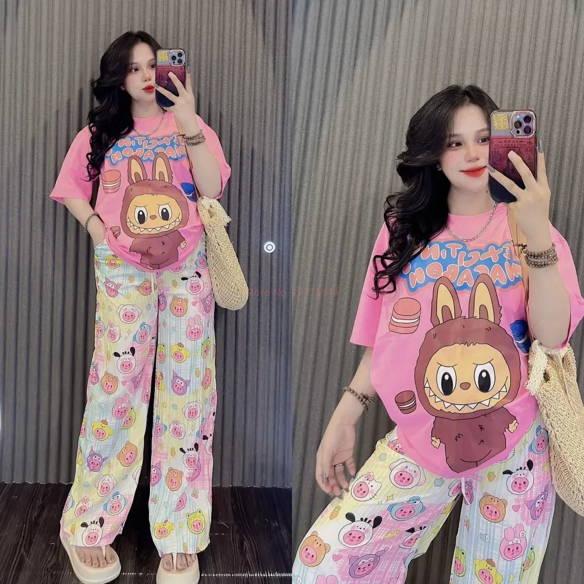 Labubu 2pcs Set Print T-Shirt And Pants Anime Cartoon Short Sleeved Shirt Casual Fashion Kawaii Cute Woman Outdoor Clothing Gift
