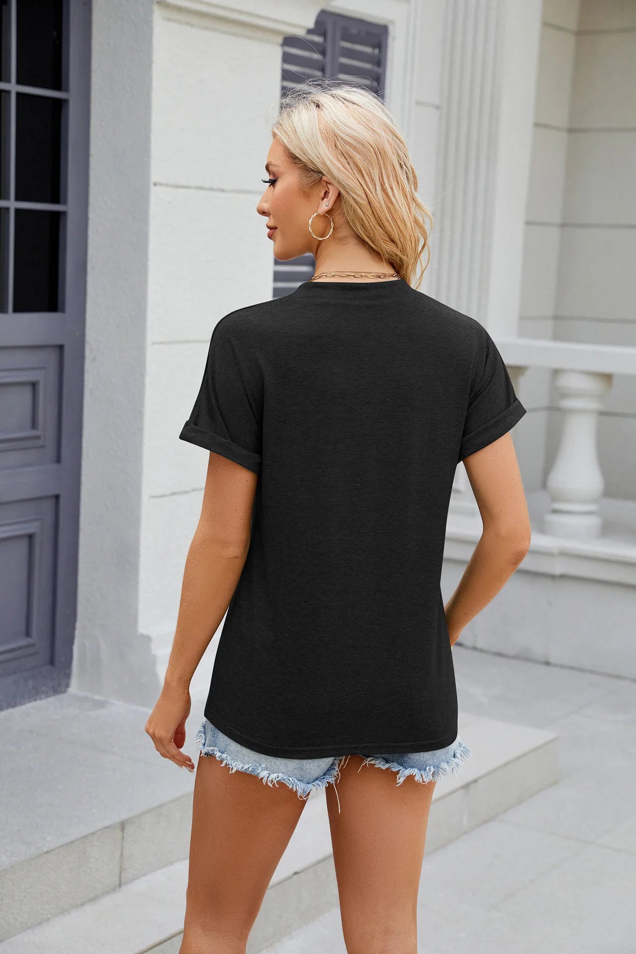 Elegant Button V Neck Short Sleeve Top