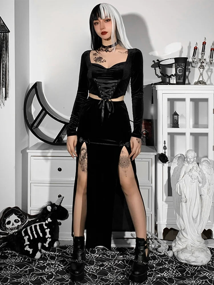 Goth Vintage Black Velvet Split Skirt