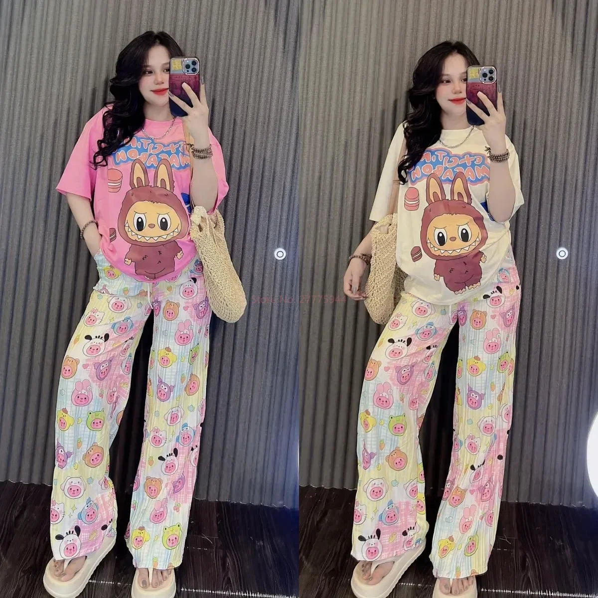 Labubu 2pcs Set Print T-Shirt And Pants Anime Cartoon Short Sleeved Shirt Casual Fashion Kawaii Cute Woman Outdoor Clothing Gift