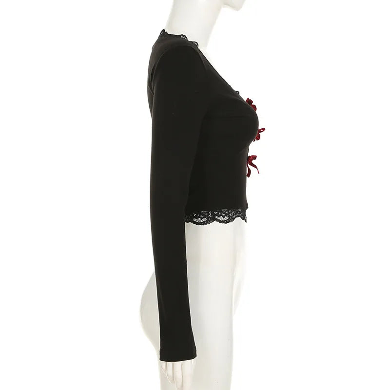 AltGoth Hollow Out Bow Patchwork Crop Tee Top