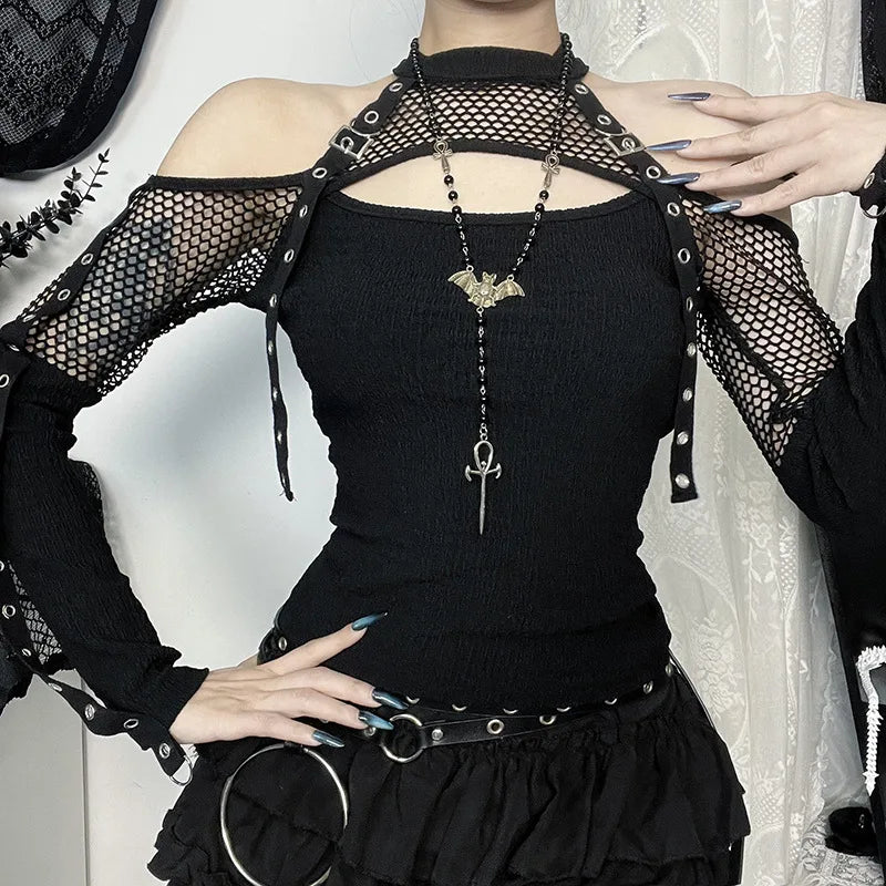 Goth  Fishnet Off Shoulder T-shirts Strap Halter Top