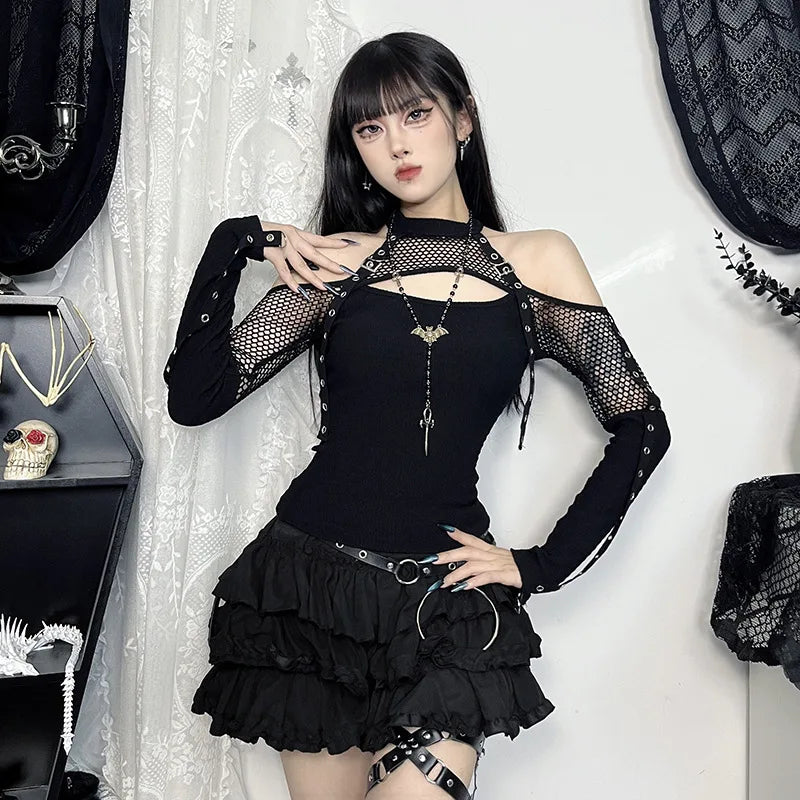 Goth  Fishnet Off Shoulder T-shirts Strap Halter Top