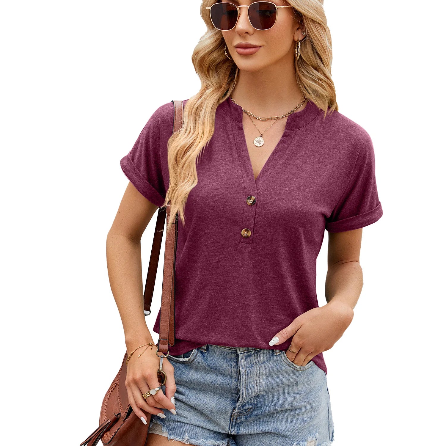 Elegant Button V Neck Short Sleeve Top