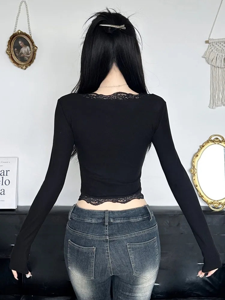 AltGoth Hollow Out Bow Patchwork Crop Tee Top