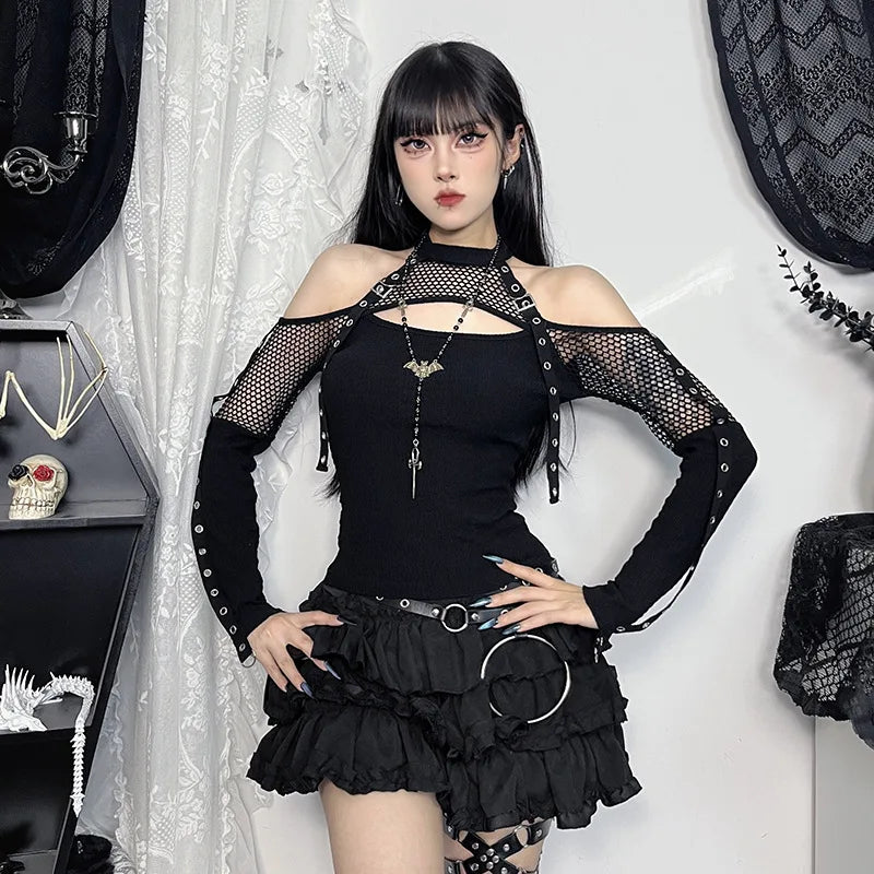 Goth  Fishnet Off Shoulder T-shirts Strap Halter Top